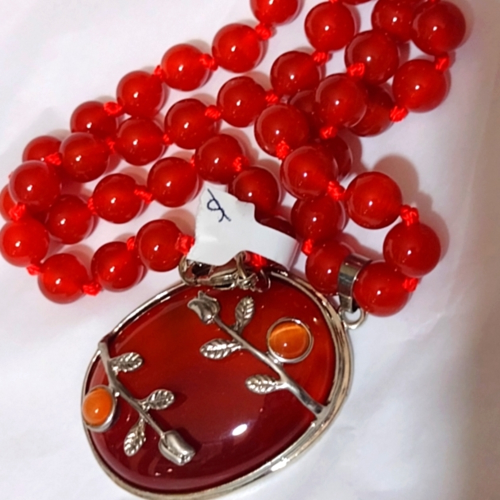 Deep Red Jasper Reversible Large Pendant Necklace with Floral Embellishments NWT